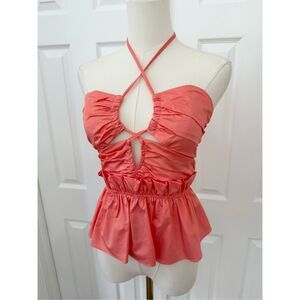 Kasia Lace Up Corset Coral Ruched Cutout Halter Peplum Top Size XS